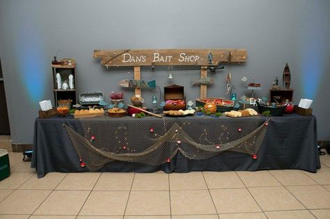 Fishing Party Ideas For Men, Fishing Theme Retirement Party Ideas, Fishing Desert Table, Fish Theme Dessert Table, Fishing Birthday Party For Men, Bait Bar Fishing Party, Fishing Themed Candy Bar, Fishing Theme Table Decor, 50th Birthday Fishing Theme