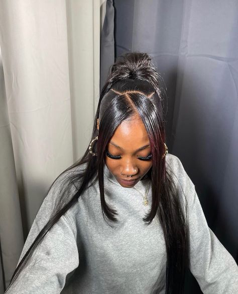 Half Up Half Down Bangs, Half Up Half Down With Bangs, Silk Press Hairstyle, Cute Ponytail Styles, 16 Shots, Teenage Hairstyles, Natural Straight Hair, Weave Ponytail Hairstyles, Braided Hairstyles For Black Women Cornrows