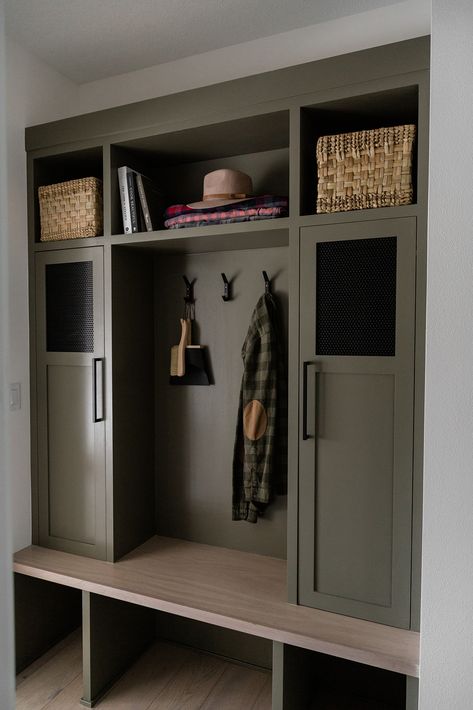 Mudroom Wood Cabinets, Stain For Mudroom Cabinet, Green Mudroom Cabinets, Mudroom Stained Cabinets, Charcoal Mudroom Cabinets, Closet To Locker Conversion, Modern Lockers, Green Lockers Mudroom, Iron Ore Mudroom Lockers