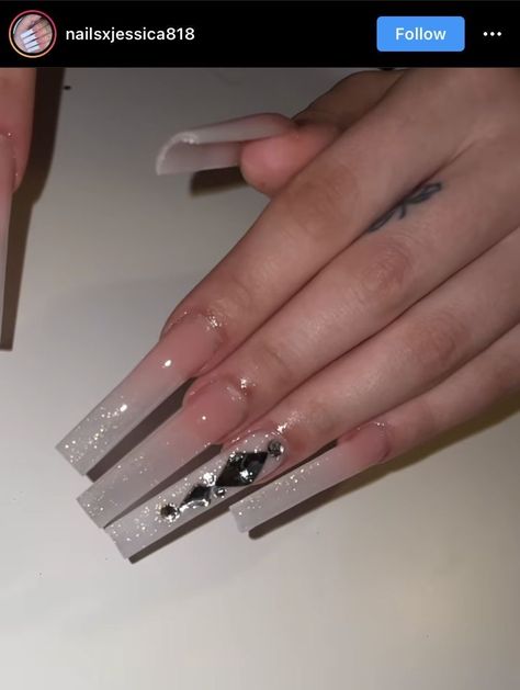 Long Nails Inspiration Diamonds, Nude Sparkle Ombre Nails, White Glam Nails Sparkle, Long Square Acrylic Nails White Glitter, Long French Tip Nails With Glitter, Long White Glitter Nails, Reflective Glitter Acrylic Nails, Cute Ombre Acrylic Nails, Glitter Ombre Nails With Rhinestones