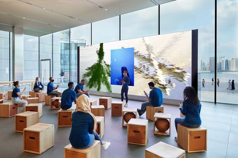 Foster + Partners surrounds Abu Dhabi Apple Store with stepped waterfall Apple Store Design, Apple Office, Finance Accounting, Plywood Table, Absolute Black Granite, Glass Store, Glazed Walls, Foster Partners, Architecture Design Drawing