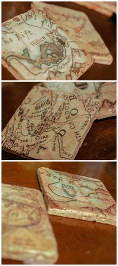 Lotr coasters using maps and mod podge. Geek Crafts Diy, Diy Nerd Decor, Fantasy Diy Crafts, Diy Fantasy Decor, Dnd Diy Projects, Fantasy Decorations, Fantasy Diy, Fantasy Crafts, Diy Geek