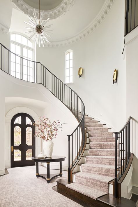 Grand Stairway, درج السلم, Barrel Vault Ceiling, Navy Blue Walls, Floating Staircase, Grand Foyer, Hill Interiors, Black And White Tiles, Décor Boho