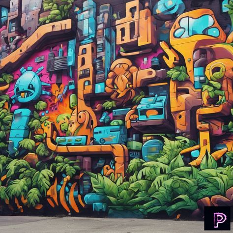 Experience the fusion of nature and technology in a vibrant graffiti mural of a futuristic urban jungle. 🌿🌆   What harmonious scenes will your art create today?   #AI #Art #PicassoAIArt #GraffitiArt #UrbanJungle #Harmony Jungle Graffiti, Nature And Technology, Graffiti Murals, Urban Jungle, Graffiti Art, Graffiti, Mural, Technology, Quick Saves