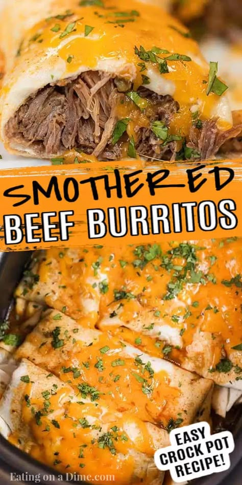 Smothered Beef, Smothered Beef Burritos, Green Chili Recipe, Crock Pot Mexican, Steak Burritos, Burritos Beef, Beef Burrito Recipe, Spanish Rice Recipe Easy, Smothered Burritos