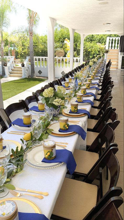 Greek Party Decorations Ideas, Blue And Yellow Dinner Party, Amalfi Coast Theme Party Centerpiece, Almafi Coast Balloon Garland, Greek Party Ideas Decoration, Capri Tablescapes, Amalfi Dinner Party, Greek Dinner Party Decorations, Greek Themed Dinner Party