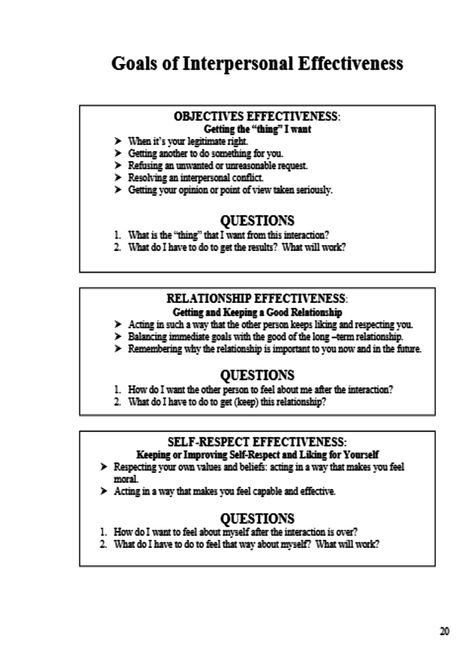 Goals of Interpersonal Effectiveness - DBT SKILLS APPLICATION SELF-HELP Interpersonal Skills Activities, Dbt Skills Worksheets, Social Work Interventions, Dbt Therapy, Interpersonal Effectiveness, Interpersonal Conflict, Dbt Skills, Interpersonal Communication, Relationship Skills