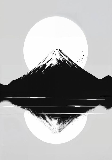 Minimalist black and white poster featuring Mount Fuji with a full moon and its reflection in a lake. Japan Art Aesthetic, Iphone Minimalist Wallpaper, White Wallpapers, Mountain Poster, Black Things, White Aura, Japanese Minimalist, Zen Painting, Japanese Poster Design