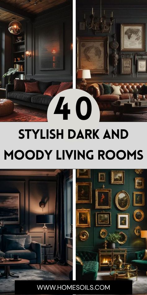 Explore 40 stylish dark and moody living room designs that bring drama and sophistication to your space! Visit our site for creative ideas and tips to embrace bold colors and textures in your home decor! Dark Moody Media Room, Fireplace Lounge Ideas, Moody Living Room Christmas, Dark Fireplace Wall Paint, Dark Green Living Room With Fireplace, Living Room Designs Dark Walls, Moody Living Room Vaulted Ceiling, Small Dark Sitting Room Ideas, Dark Colonial Living Room