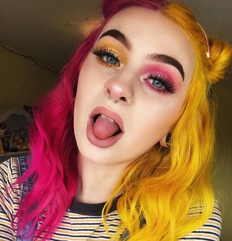 Yellow Goth Makeup, Red Split Dye Hair, Yellow And Purple Hair, Hair Dues, Color Block Hair, Split Dye, Split Dyed Hair, Hair Due, Fantasy Hair