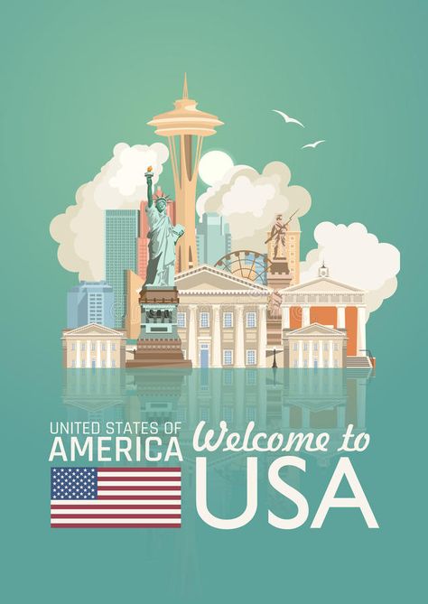 Welcome to USA. United States of America poster with american sightseeings with mirror effect. Vector illustration about travel. In colorful design. American stock illustration United States Illustration, American Culture United States, United States Wallpaper, Usa Symbols, Welcome To Usa, America Illustration, Usa Artwork, Wallpaper Usa, Usa Illustration