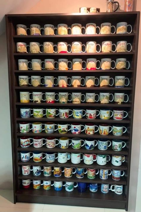 Do you also love to get a Starbucks coffee mug souvenirs wherever you go? Here's an idea of how you can display them in your home. Starbucks Mugs Collection, Starbucks Mug Display Ideas, Mug Display Ideas, Starbucks Coffee Mug, Mugs Collection, Starbucks Mug, Mug Display, Cup Collection, Kitchen Design Modern Small