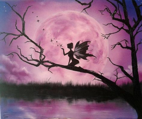 Moonlight Fairy, Fairy Painting, Painting Ideas Easy, Fairy Paintings, Simple Acrylic Paintings, Xmas Decor, Beginner Painting, Silhouette Art, Fairy Art