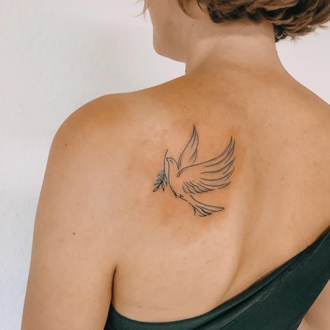 Dove Tattoo On Back, Dove And Flowers Tattoo, Dove Tattoo Ideas For Women, Dove Tattoo On Neck, Peace Dove Tattoo Small, Dove Flower Tattoo, Dove Tattoo Women, Tattoos For Peace, Peace Bird Tattoo