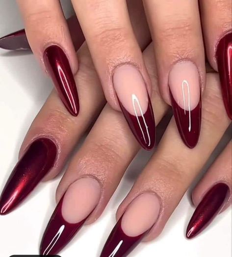 Shiny Burgundy Nails, Cherry Wine Nails Design, Wine Red Nails Designs Art, Wine Nails Acrylic, Merlot Nails Design, Almond Nails Red Design, Vampy Nails Almond, Dark Red Almond Nails Designs, Sangria Nails