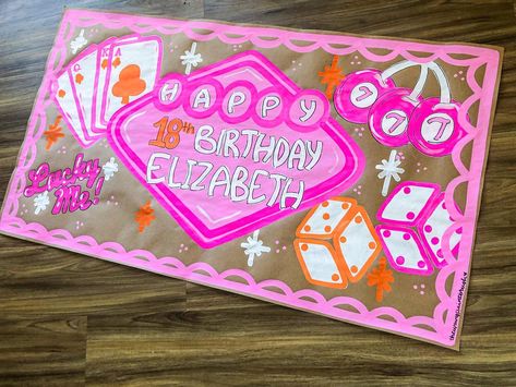 21st Banner Ideas, 21st Birthday Theme Ideas, Painted Birthday Banner, Kraft Paper Banner, Bday Banner, Casino Banner, 21st Birthday Themes, Casino Birthday Party, 21st Birthday Banner