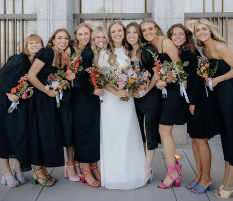 Black And White Wedding With Pops Of Color, Black Bridesmaid Dresses Spring, Black Bridesmaid Dress Summer, Bridesmaid Shoes Black, Black Bridemaids Dresses, Black Bridesmaid Dress Mismatched, Bridesmaid Dress Color Schemes, Pastel Bridesmaids, Elegant Maxi Dresses