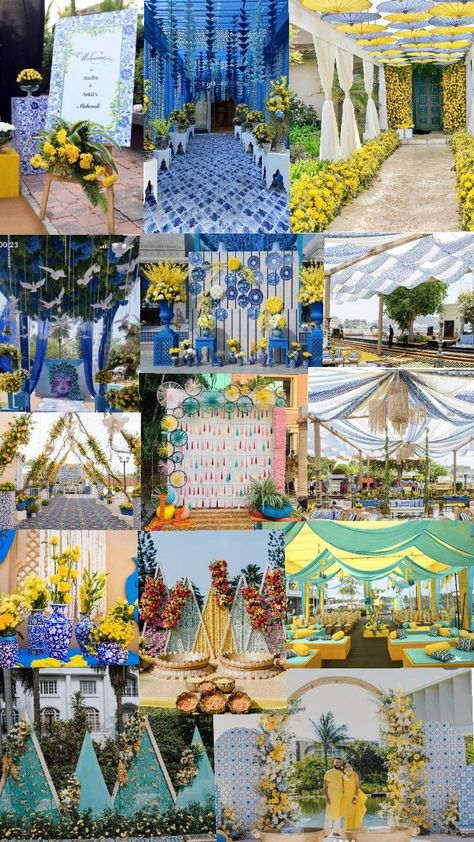 Haldi Ceremony Decorations, Flower Garland Diy, Haldi Ceremony Outfit, Simple Stage Decorations, Indian Wedding Invitation Cards, Mandap Decor, Marriage Decoration, Wedding Planning Decor, Blue Theme