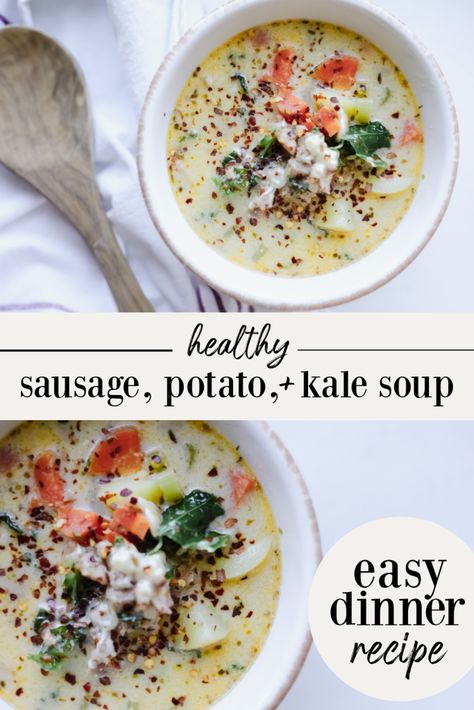 sausage potato kale soup pin Turkey Soup Crockpot, Sausage Potato Kale Soup, Potato And Kale Soup, Potato Kale Soup, Lentil Kale Soup, Ground Turkey Soup, Creamed Kale, Sausage Potato, Sausage Potatoes