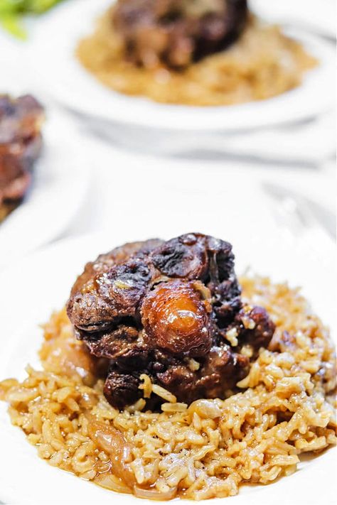 Oxtails And Rice Recipes, Oxtail And Rice, Oxtails And Rice, Brown Onion Gravy, Ox Tails, Ox Tail, Long Grain White Rice, White Rice Recipes, Oxtail Recipes