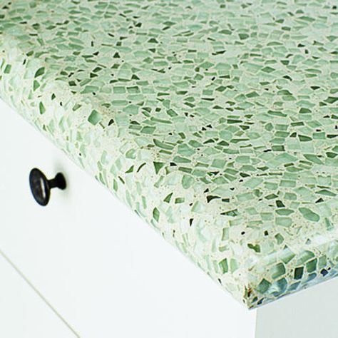 Recycled glass counter. I don't own a house but I have recently been way too enthusiastic about pictures of cool looking tile and counters? This is really neat! Glass Kitchen Countertops, Kitchen Countertops Decor, Countertops Laminate, Cement Countertops, Green Countertops, Recycled Glass Countertops, Calcutta Marble, Glass Countertops, Countertop Colours