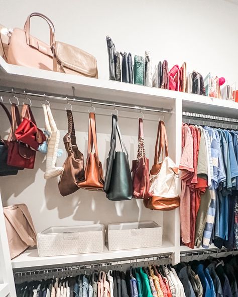 When possible, we love pulling a tiny bit of hanging closet space and using it for purses! These acrylic purse hangers are perfect for storing purses in an organized way and there is usually also room for a bin or two on the shelf underneath the purses. 

#closet #closetinspo #closetorganization #closetgoals #organizing #organizinggoals #getorganized #organized #womenownedbusiness #nashville #movingconcierge #unpacking #tidyhomenashville #unpackingnashville #movingtonashville Purses In Closet, Storing Purses, Purse Hangers, Store Purses, Acrylic Purse, Hanging Purses, Purse Hanger, Metal Purse, Hanging Closet