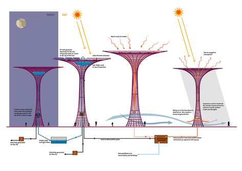 Solar Supertrees in Singapore are Vertical Gardens That Light Up the Night Sky - Off Grid World Urban Landscape Design, Architecture Concept Diagram, Landscape Architecture Design, Green Architecture, Architecture Design Concept, Gardens By The Bay, Diagram Architecture, Sustainable Architecture, Architecture Portfolio