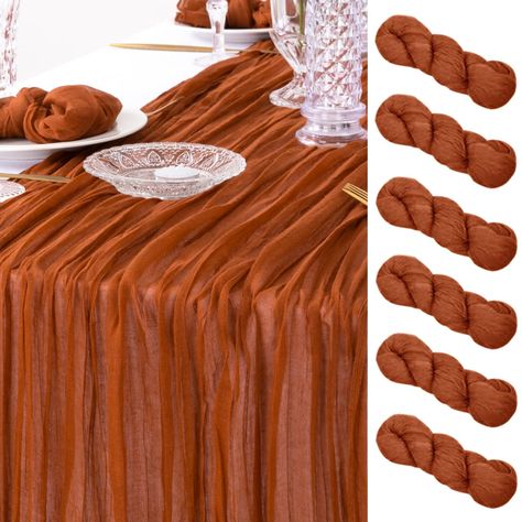 PRICES MAY VARY. Cheesecloth Package Included : 6PCS Terracotta Cheesecloth Gauze Table Runners. Each boho table runner is 35" W x 120" L, a perfect length for a 6ft/ 8ft round or rectangle table that can accommodate 8-10 people. Premium Material : Made of premium cheesecloth gauze fabric, soft and smooth, hand-dyed from natural material. Durable, wear and tear resistant, not easy to loose thread or fade. Exquisite Wrinkled Texture : Pleating craft, bring a vintage-rustic style to table decor, e Orange Wedding Themes, Gauze Table Runner, Cheesecloth Table Runner, Fall Table Runner, Fall Wedding Tables, Thanksgiving Table Runner, Boho Table Runner, Friendsgiving Party, Boho Table