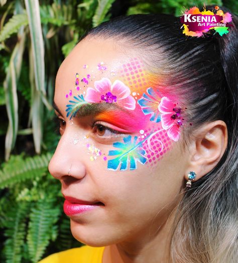 Hawaiian Flower Face Paint Easy, Face Painting Aesthetic Flowers, Rainbow Fairy Face Paint, Tropical Flower Face Paint, Rainbow Face Paint, Eye Face Painting, Flower Face Paint On Arm, Face Painting Flowers, Body Painting Festival