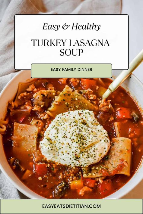 This turkey and vegetable loaded lasagna soup is my healthier take on the viral lasagna soup that took the internet by storm last fall. This delicious and cozy meal is made with few ingredients, using just one pot and comes together in under 35 minutes making it the most delicious and balanced, easy weeknight dinner! #fallrecipes #falldinner #onepot #onepotrecipes #easydinner #healthydinner #viraldinner #highproteindinner #lasagnasoup Turkey Lasagna Soup, Loaded Lasagna, Turkey Lasagna, Pumpkin Turkey, High Protein Dinner, Healthy Turkey, Easy Turkey, Lasagna Soup, Easy Weeknight Dinner