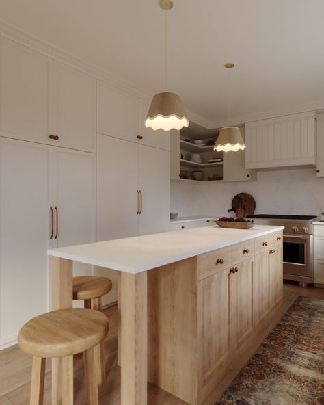 A classic white kitchen space with pretty light pendants Kitchen At Entrance Of Home, Island In Small Kitchen, Long Narrow Kitchen Island, Small Kitchens With Peninsulas Layout, Small Island Kitchen, One Wall Kitchen With Island, Kitchen With Peninsula Layout, Single Wall Kitchen, Boho Chic Kitchen