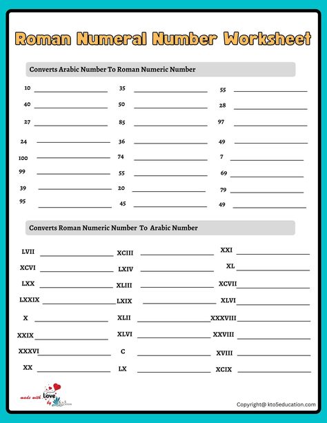 Roman Numbers 1 To 100, Roman Numeral Numbers, Numeral Numbers, Number Practice, Fun Math Worksheets, 5th Grade Worksheets, Roman Numbers, Kids Math, 1 To 100