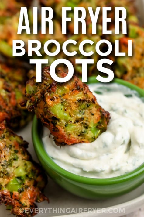 A cooked Broccoli tot being dipped in dip with a title Breaded Broccoli, Brocoli And Cheese, Broccoli Tots Recipes, Frozen Broccoli Recipes, Cheese Tots, Broccoli Tater Tots, Broccoli Cheddar Bites, Homemade Dipping Sauce, Broccoli Cheese Bites