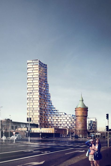 3XN Designs Affordable Housing Tower in Denmark Aarhus Denmark, Architecture Landmark, Cathedral City, Student House, Water Tower, Aarhus, Affordable Housing, Futuristic Architecture, Facade Design