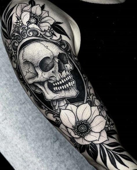 Halloween Tattoos Sleeve, Skull Tattoo Flowers, Skull Sleeve Tattoos, Skull Sleeve, Goth Tattoo, Skeleton Tattoos, Creepy Tattoos, Spooky Tattoos, Halloween Tattoo