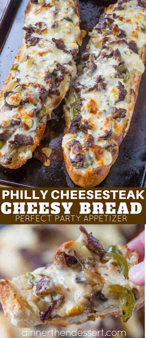 Philly Cheesesteak Cheesy Bread is cheesy and crunchy and full of delicious cheese steak flavors including ribeye steak, green bell peppers, onions and mushrooms. | #philly #phillycheesesteak #cheesybread #cheese #cheesebread #steak #cheesesteak #dinnerthendessert #appetizer #sides #party #partyfood Appetizer Sides, Cheesy Bread Recipe, Cheesy Sandwich, Bread Garlic, Seared Salmon Recipes, Philly Steak, Cheese Steak Sandwich, Easy Steak Recipes, Cheese Steak