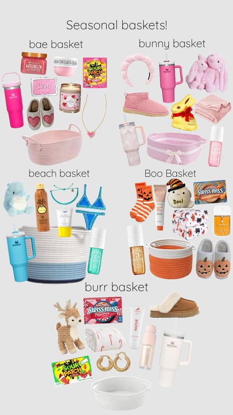 Seasonal basket! #love#bunny#beach#boo#burr Cute Baskets, Girly Gifts Ideas, Making A Gift Basket, Birthday Presents For Friends, Holiday Baskets, Preppy Gifts, Birthday Basket, Cool Gifts For Teens, Cute Birthday Ideas