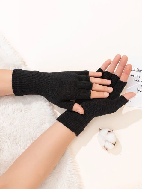 Minimalist Solid Fingerless Gloves | SHEIN USA Fingerless Gloves Aesthetic, Gloves Aesthetic, Black Fingerless Gloves, Cardigan Rosa, Wishlist Ideas, Fingerless Gloves Knitted, Fingerless Mittens, Black Acrylic, Knitted Gloves