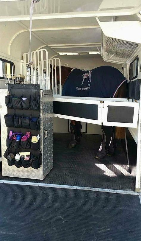 Handy storage idea Horse Rug Storage, Horse Float Storage Ideas, Horse Float Ideas, Equestrian Properties, Float Storage, Barrel Racing Tack Rodeo, Horse Camping, Horse Float, Truck Organization