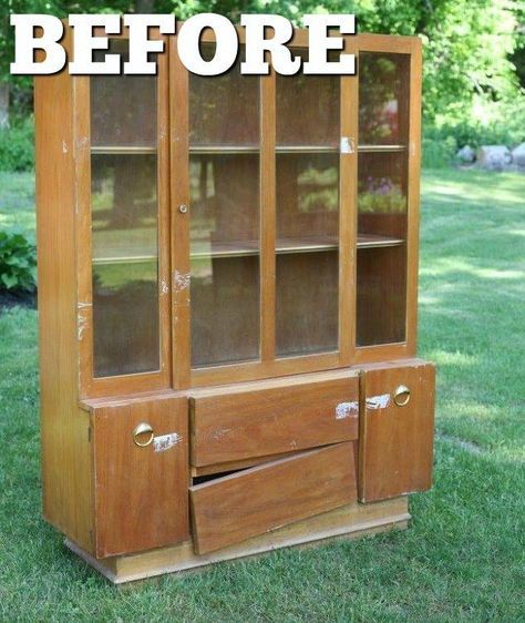 You have to see this stunning makeover! Folding Doors Ideas, Mid Century Modern Hutch, Mid Century Hutch, Display Dishes, Modern Hutch, Revamped Furniture, Painted Hutch, Box Makeover, Stain Techniques