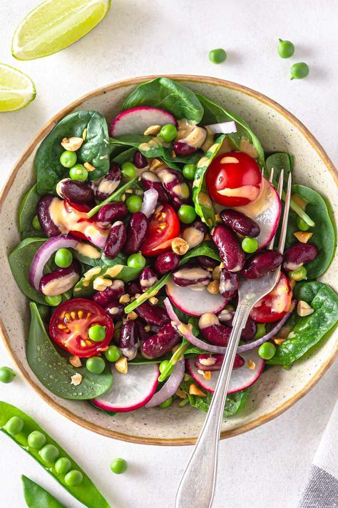 Red Kidney Bean Salad with Spicy Peanut Butter Dressing Red Kidney Bean Recipes, Red Beans Salad, Red Kidney Bean Salad, Red Bean Salad, Peanut Butter Dressing, Spicy Peanut Butter, Kidney Bean Salad, Butter Dressing, Recipes With Kidney Beans