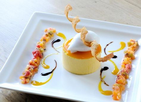 What could be better for a summers day dessert, than this parfait recipe from Mark Dodson which serves a mango parfait with coconut sorbet Gastronomische Desserts, Mango Parfait, Parfait Recipe, Coconut Sorbet, Patisserie Fine, Fine Dining Desserts, Great British Chefs, Parfait Recipes, Dessert Plating