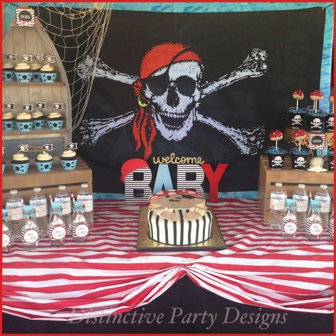 Pirate And Mermaid Gender Reveal Party, Pirate Themed Baby Shower Ideas, Pirate Party Balloon Arch, Pirate Baby Shower Ideas, Pirate Theme Photo Backdrop, Mermaid Or Pirate Gender Reveal, Nautical Baby Shower Boy, Baby Shower Planner, Pirate Baby