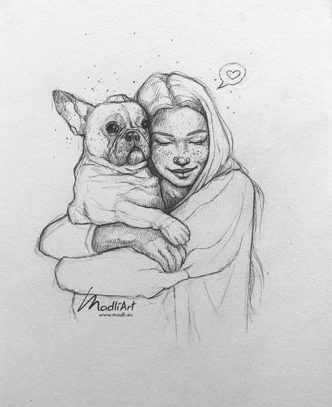 Pencil sketch by freelance illustrator @madliart www.madli.eu I Daily sketchbook art. Cute girl holding a puppy dog. Pet pug love cuddle. Sketching sweet girls, happy mood. Learn how to draw people and portraits and animals. Sketchy illustration. Pen doodle on paper. Line art style portrait. See more of my daily sketches in instagram: @ MadliArt People With Animals Drawing, Happy Drawings Of People, Cute Puppy Drawing Sketch, Sketch Illustration Pencil, Girl With Dog Drawing, Girl And Dog Drawing, Happy Person Drawing, Puppy Drawing Sketches, Dog And Human Drawing