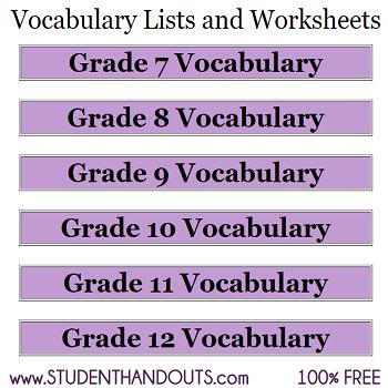 Vocabulary Lists and Worksheets for Grades 7-12 | Student Handouts 8th Grade Vocabulary List, High School Vocabulary List, Vocabulary Worksheets Middle School, 7th Grade Vocabulary Words, Good Vocabulary Words Student, Homeschooling 7th Grade, Free Middle School Printables, 7th Grade Homeschool, High School Vocabulary