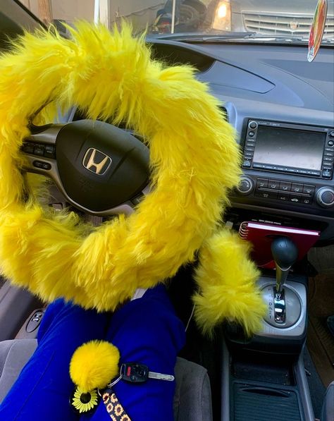 Yellow Car Decor, Yellow Car Accessories, Cars Essentials, Fur Steering Wheel Cover, Car Yellow, Wool Fashion, Girly Car Accessories, Cool Car Accessories, Chin Length