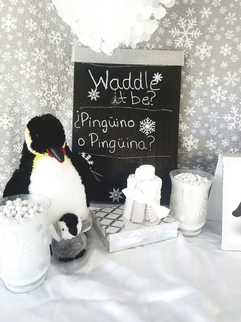 Penguin gender reveal/winter theme Cute Gender Reveal Themes Winter, Penguin Gender Reveal Party, Penguin Theme Baby Shower Ideas, Winter Gender Reveal Themes, Penguin Gender Reveal, Gender Reveal Winter, Penguin Baby Shower Ideas, Winter Themed Gender Reveal, Gender Reveal Ideas Winter