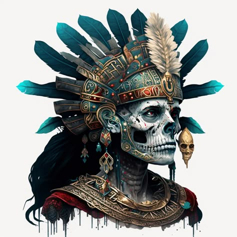 Mexican Sugar Skull Art Beautiful, 3d Dragon Tattoo, Aztec Gods, Aztec Skull, Aztec Drawing, Aztec Artwork, Aztec Decor, Mexican Art Tattoos, Gods Art