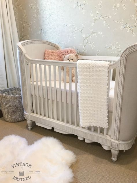 Neutral Girl Nursery, Upholstered Crib Upholstered Crib Nursery, Antique White Crib Nursery Ideas, White Crib Nursery Girl, Glam Nursery Ideas, Restoration Hardware Crib Nursery, Restoration Hardware Baby Nursery, Lucite Crib, Vintage French Nursery Girl, White Crib Nursery