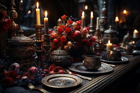 Dive Into the Enigmatic Allure of Dark Academia Dark Academia Dining Table, Forbidden Knowledge, Elegant Dining Table, Glass Of Red Wine, Vampire Aesthetic, Aged Wood, Lost In Thought, Ornate Furniture, Aging Wood